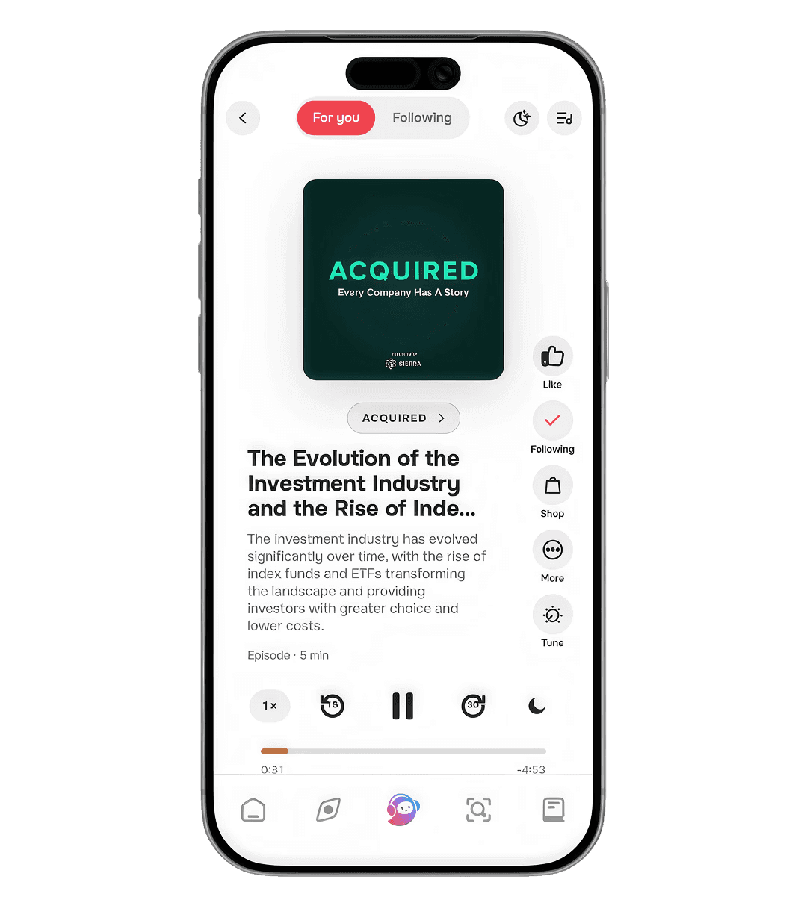 Briefly’s Feed screen playing a clip from Acquired, with like, follow and share buttons beside it