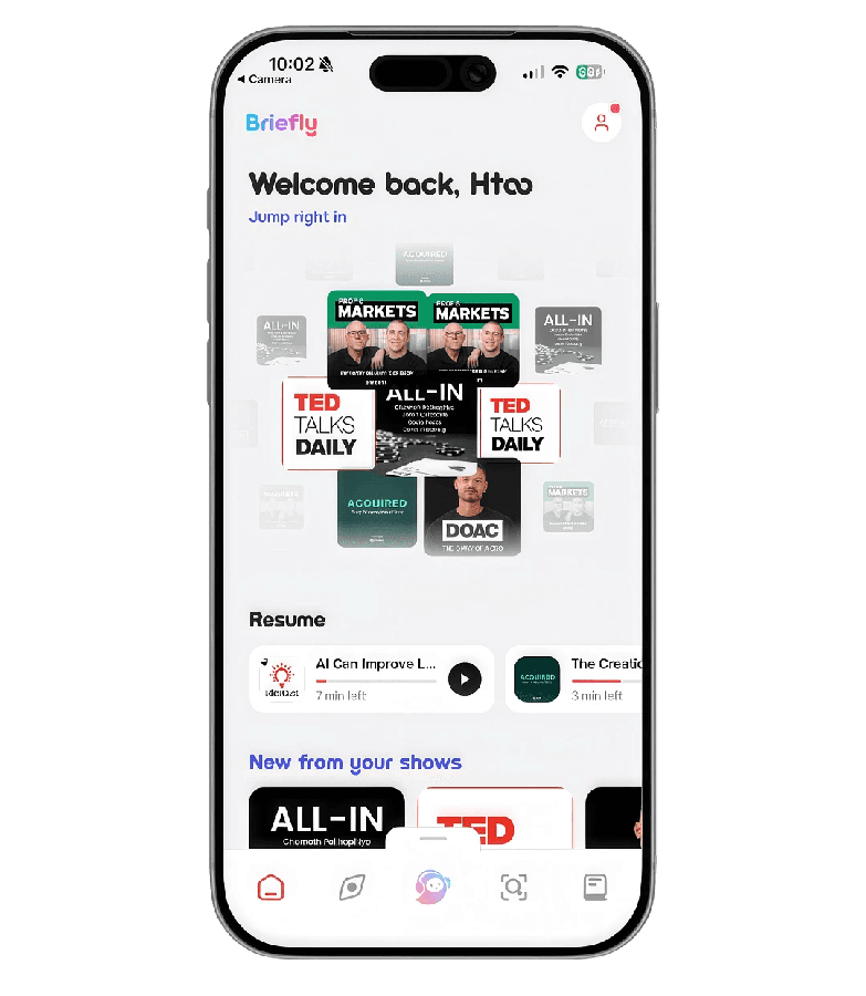 Briefly’s Home screen: a grid of followed shows, a Resume row and new episodes from your shows