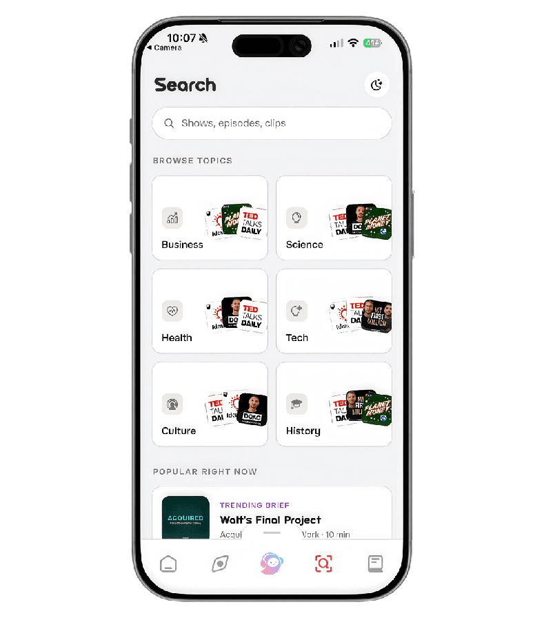 Briefly’s Search screen with topic tiles for Business, Science, Health, Tech, Culture and History